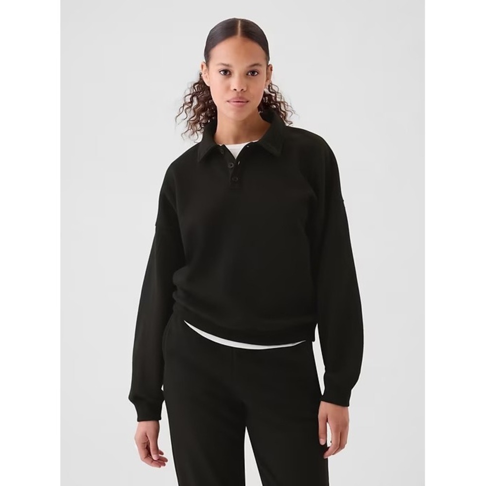 GAP Women's Polo Sweatshirt True Black Collared Pullover Fleece Casual Classic